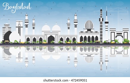 Baghdad Skyline with Gray Buildings, Blue Sky and Reflections. Vector Illustration. Business Travel and Tourism Concept with Historic Buildings. Image for Presentation Banner Placard and Web Site.