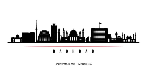 Baghdad skyline horizontal banner. Black and white silhouette of Baghdad, Iraq. Vector template for your design. 