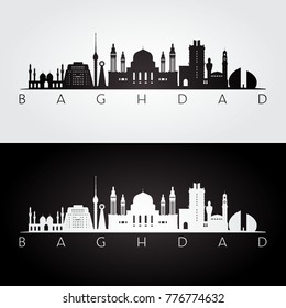 Baghdad skyline and landmarks silhouette, black and white design, vector illustration.