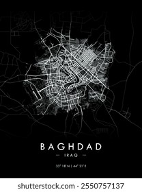 Baghdad vector print map in dark theme. Detailed map of Baghdad in Iraq. Best free vector illustration. Tourist decorative minimalist street map.