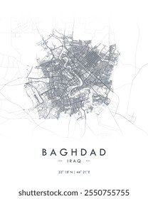 Baghdad vector print map. Detailed map of Baghdad in Iraq. Best free vector illustration. Tourist decorative minimalist street map.