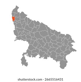 Mapa de Estado de Uttar Pradesh da Índia - Baghpat District