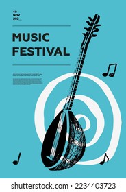 Baglama, saz, folk. Music festival poster. String musical instruments. Competition.  A set of vector illustrations. Minimalistic design. Banner, flyer, cover, print.