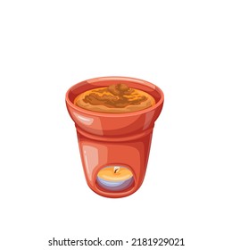 Bagna Cauda, Italian Food Vector Illustration. Cartoon Isolated Bowl With Candle For Making Hot Dish And Gourmet Dipping Sauce From Garlic And Anchovy Ingredients In Traditional Cuisine Of Italy