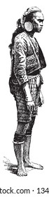 Bagobo who are found about the slopes of Mount Apo wear ivory or shell earings as big round as a cup, vintage line drawing or engraving illustration.