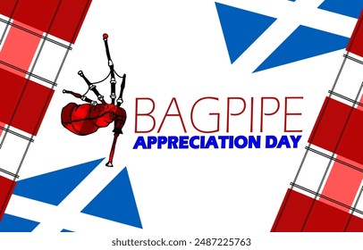 Bagpipe Appreciation Day event banner. Typical Scottish musical instrument bagpipes with tartan cloths and flags on white background to celebrate on July 27th