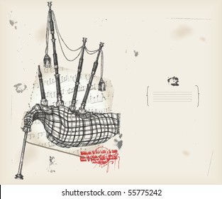 Bagpipe  drawing- music instrument with score- background