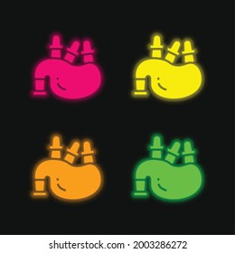 Bagpipe four color glowing neon vector icon