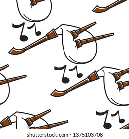 Bagpipe or gaida Bulgarian musical instrument seamless pattern vector music national symbol Bulgaria culture notes and melody endless texture folk live sound concert traveling wallpaper print