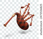 Bagpipe isolated vector image. Realistic wind instrument with bag and several pipes