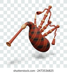 Bagpipe isolated vector image. Realistic wind instrument with bag and several pipes