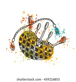 Bagpipe on the watercolor splash. Musical instrument. Hand drawn vector illustration. T-shirt, poster, banner, badge, sticker, placard, label, logo, emblem, icon, symbol, tag, mark