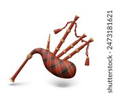 Bagpipe with Scottish tartan. Vintage musical wind instrument