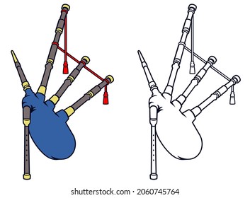 Bagpipe is a vector illustration of a musical wind instrument in a modern flat style.
 An element for a logo, icon, label design. Isolated on a white and blue background.