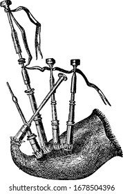 The bagpipe is a wind instrument using enclosed reeds fed from a constant reservoir of air in the form of a bag, mostly used among the ancient Greeks, vintage line drawing or engraving illustration.