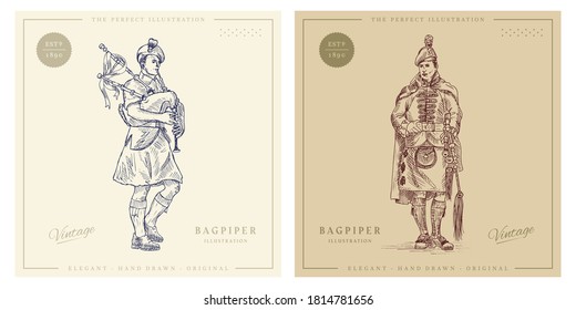 Bagpiper with bagpipes vintage hand drawn illustration