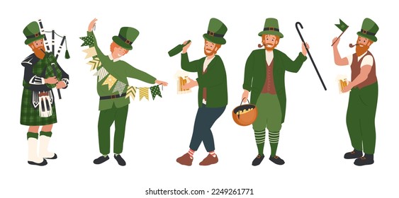 Bagpiper, collection of Irish man dressed like leprechaun, celebrating Saint Patrick's Day parade, cartoon illustration of people, characters in Festive Costumes. 