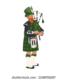 Bagpiper, irish man with bagpipes, Saint Patrick's Day celebration, parade, cartoon illustration of people, characters Festive Costumes. 