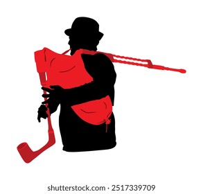 Bagpiper musician man vector silhouette illustration isolated on white background. Street perform boy. Music performer play on traditional instrument. Bagpipe pipes shape shadow. Folklore male hat.