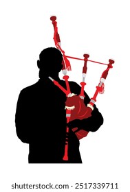 Bagpiper musician man vector silhouette illustration isolated on white background. Street perform boy. Music performer play on traditional instrument. Bagpipe pipes shape shadow. Folklore male.