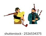 Bagpiper musicians man duet play bagpipe vector illustration isolated. Music performer duo play traditional instrument. Bagpipe blow pipes. Amusement entertainment public event. Folklore male tandem