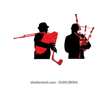 Bagpiper Musiker Mann Duett spielen Dudelsack Vektor Silhouette Illustration einzeln. Musiker Duo spielen traditionelles Blasinstrument. Dudelsack Blasrohre Unterhaltung. Folklore-Tandem