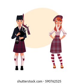 Bagpiper, piper and Scottish girl in national clothes, tartan beret and kilt, cartoon vector illustration with place for text. Full length portrait of Scottish bagpiper and Scotland girl