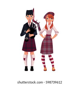 Bagpiper, piper and Scottish girl in national clothes, tartan beret and kilt, cartoon vector illustration isolated on white background. Full length portrait of Scottish bagpiper and Scotland girl