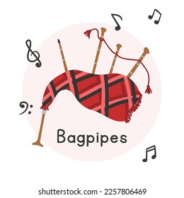 Bagpipes clipart cartoon style. Simple cute red bagpipes Middle Eastern woodwind instrument flat vector illustration. Wind musical instrument bagpipe hand drawn doodle style. Bagpipes vector design