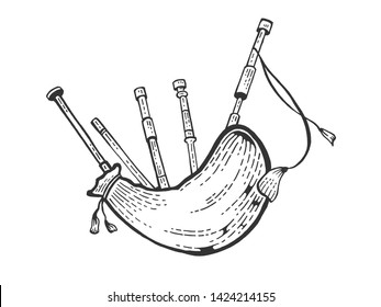 Bagpipes instrument sketch engraving vector illustration. Scratch board style imitation. Black and white hand drawn image.