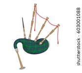 Bagpipes isolated on white background. Wind instrument using enclosed reeds fed from constant reservoir of air in form of a bag. Vector illustration of musical device in flat style realistic design