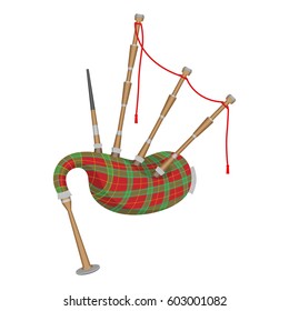 Bagpipes isolated on white background. Wind instrument using enclosed reeds fed from constant reservoir of air in form of a bag. Vector illustration of musical device in flat style realistic design