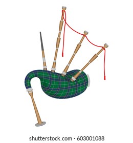 Bagpipes isolated on white background. Wind instrument using enclosed reeds fed from constant reservoir of air in form of a bag. Vector illustration of musical device in flat style realistic design