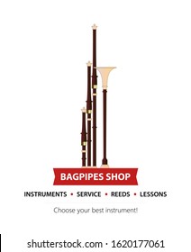 Bagpipes logo emblem with menu and description. Design of Advertisement for Bagpipes Shop with Musical Instruments, Supplies and Service.