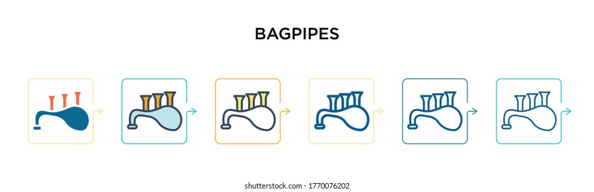 Bagpipe Vektorsymbol in 6 verschiedenen modernen Stilen. Schwarze, zweifarbige Duftrohrsymbole, die im vollen, Umriss-, Linien- und Strichstil entworfen wurden. Vektorgrafik kann für Web, Mobile, i