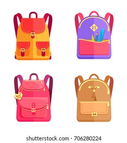 Bags in back to school concept, colorful rucksacks set for schoolboys and schoolgirls on flat design cartoon style, collection of models