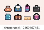 Bags and backpack pixel art set. Fashion accessory, 8 bit. Game development, mobile app. Isolated vector illustration.