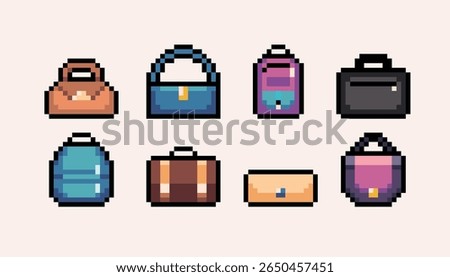 Bags and backpack pixel art set. Fashion accessory, 8 bit. Game development, mobile app. Isolated vector illustration.