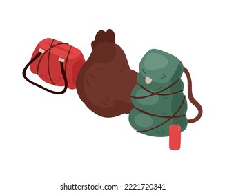 Bolsas y mochila de refugiados o personas sin hogar Icono isométrico 3d ilustración vectorial