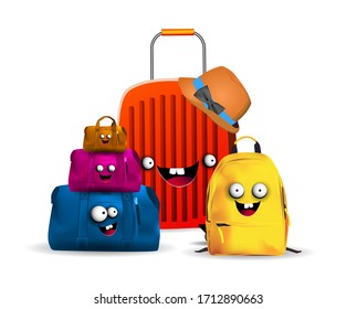 Bags and backpack for travel. Vacation fees. Suitcase character.