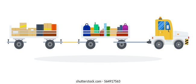 Bags and Baggage tractor vector flat material design object. Isolated illustration on white background.