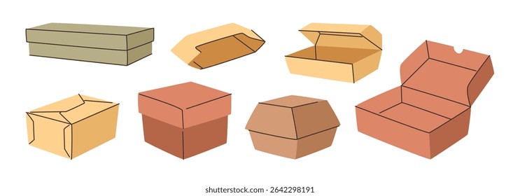 Bags and boxes for takeaway delivery. Vector in flat style, isolated set of eco packaging for food and dishes from shops and restaurants. Cardboard recyclable paper for take out products or orders