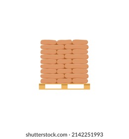 Bags with bulk products or building materials stacked on wooden pallet for transportation and storage flat vector illustration isolated on white background.