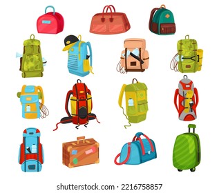 Bags with Camping Backpack, Suitcase and Travel Trunk Vector Set