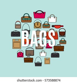 Bags cartoon icons in circle shape on blue background. Vector illustration