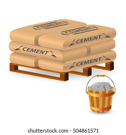 Bags with cement and wooden bucket. Full bucket of cement.