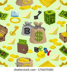 Bags of coins, gold and dollars in the virtual world. Set of rich 3D Icons, money symbols. Goods for sale on Internet store. Pixel art cubes, game style vector. Green seamless pattern. 
