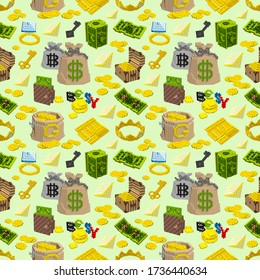 Bags of coins, gold and dollars in the virtual world. Set of rich 3D Icons, money symbols. Goods for sale on Internet store. Pixel art cubes, game style vector. Green seamless pattern. 