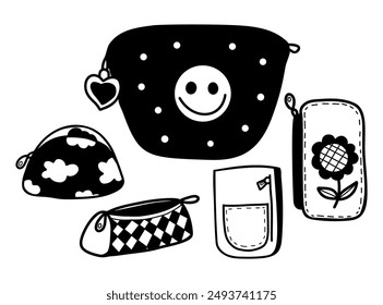 Bags, cosmetic bags, school pencil cases and wallet. Collection in doodle style. Vector illustration. Isolated hand drawings 