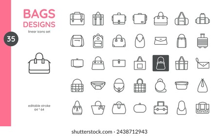 Conjunto de iconos de diseños de bolsas. Bolsos de las mujeres, bolsos, barril, baguette y bolsos de boliche, sacos, con asas, mochilas, embragues, carteras. Colección vectorial editable de accesorios de moda, viajes y deportes.	